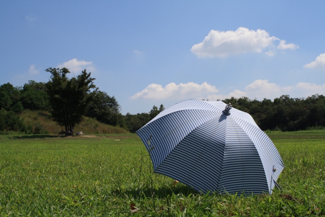 札幌に梅雨が無いことをイメージできる青空と傘を合わせた風景